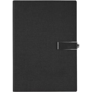 A black notebook with a textured cover and a silver clip closure, featuring a branding logo.