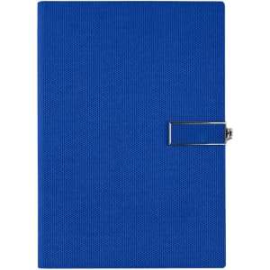 A blue notebook with a textured cover and an attached metal clasp, featuring a logo on the front.