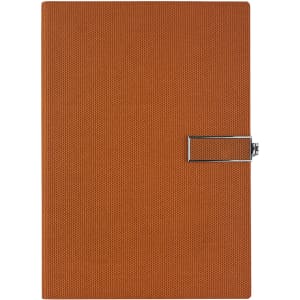 An orange textured notebook with a silver clasp closure and a simple design. It features a logo on the front.