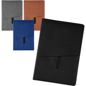 A set of Isaly Notebooks in grey, blue, brown, and black, featuring a pocket design and branding.