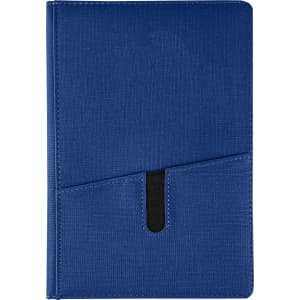 A blue notebook with a textured cover and a black pocket on the front. It features a logo.