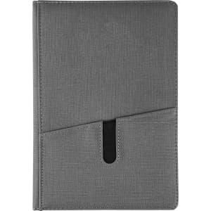 A grey notebook with a textured cover and a pocket on the front, featuring a logo.