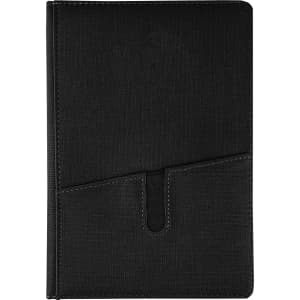A black notebook with a textured finish and a front pocket, featuring a logo on the cover.
