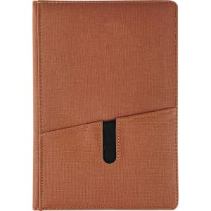 A brown notebook with a textured cover and a black pocket on the front. It features a logo on the cover.