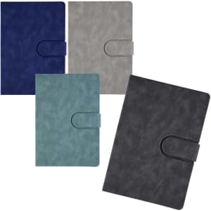 A collection of Rewiz Notebooks in navy, grey, teal, and black, featuring a clasp closure and a smooth finish.