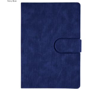 A navy blue notebook with a textured cover and a clasp closure. It features a logo on the front.