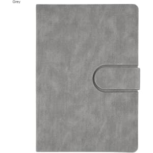 A grey notebook with a textured cover and a curved clasp closure, featuring a small logo.