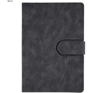 A black notebook with a textured cover and a clasp closure. It features a simple design and a logo.