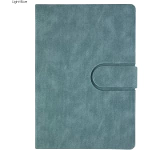 A light blue notebook with a textured cover and a simple closure. It features a logo on the front.