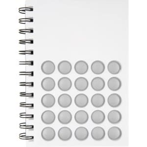 A white spiral-bound notebook featuring grey circular bubble accents on the front cover and a logo.