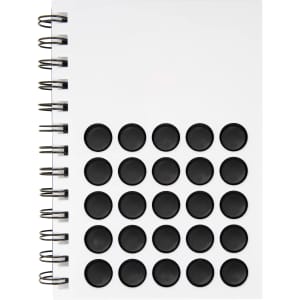 A white spiral-bound notebook featuring black bubble dots on the cover and a branding logo.