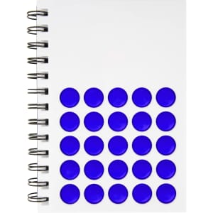 A white spiral notebook featuring a grid of purple dots on the cover and a branding logo.