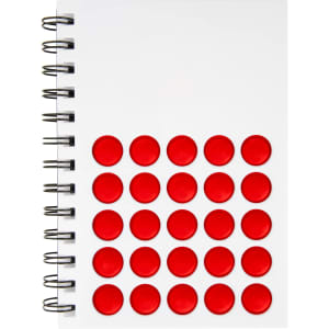 A spiral-bound notebook featuring a white cover with red circular accents. It includes a logo on the cover.