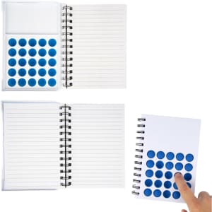 A blue dotted notebook with a spiral binding and blank pages, featuring a section for holding blue dots.