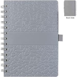 A grey La Trobe Stone Paper Notebook featuring an embossed pattern and a matching elastic band. Includes a view of the back side.