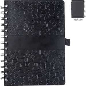 A black spiral-bound notebook featuring a textured cover and an elastic band for closure. The back side is visible.