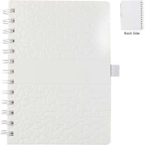 A white La Trobe Stone Paper Notebook with a textured cover and a grey elastic band, featuring a spiral binding.