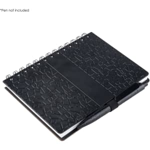 A black notebook with a textured cover, spiral binding, and a pen holder. Pen not included.