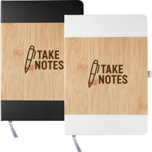Two Axis Notebooks with bamboo covers, one in black and one in white, featuring a design with a pen icon.