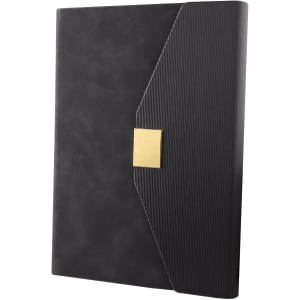 A black notebook with a textured cover and a gold clasp. The design features a unique angled flap and branding.