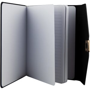 A black notebook with a clasp, featuring blank and lined pages inside. It has a simple, sleek design.