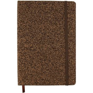 A brown A5 notebook with a textured cover and a brown elastic band, featuring a logo on the front.