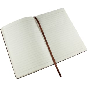 A brown A5 notebook with lined pages and a matching ribbon bookmark, open to display its interior.