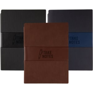 Three notebooks in black, blue, and brown, each with a ribbed texture and a band featuring a logo.