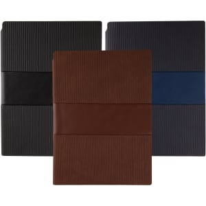A set of three Dresden Notebooks in black, blue, and brown, featuring ribbed textures and a logo.