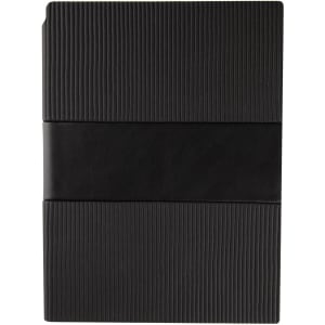 A black notebook with a ribbed texture and a smooth black band, featuring a logo.