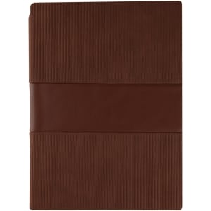 A brown notebook with ribbed texture and a smooth band across the centre. Includes a logo on the cover.