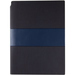 A navy blue notebook with a textured cover and a smooth blue band. It features a logo on the front.