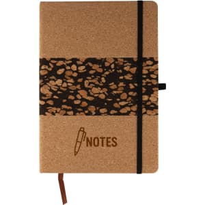 A cork notebook featuring a coffee grounds design band, with a black elastic closure and a ribbon marker.