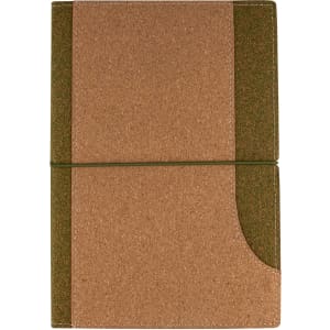 A cork notebook featuring a brown cover with a green accent, secured with an elastic band. It has a logo on the front.