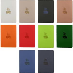 A collection of washable paper notebooks in various colours, including white, beige, orange, red, green, and blue, featuring a logo.