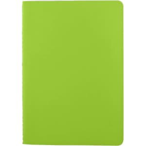 A green washable paper notebook with a smooth cover and rounded edges, featuring a logo on the back.