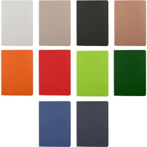 A collection of washable paper notebooks in various colours: white, beige, black, orange, red, green, blue, dark blue, and dark grey.