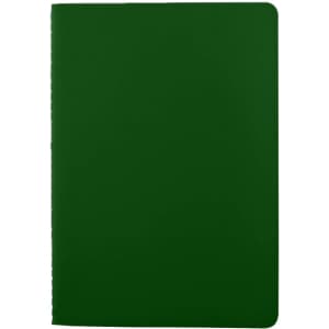 A green washable paper notebook with a smooth cover and rounded corners, featuring a logo on the front.