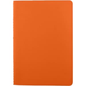 An orange washable paper notebook with a smooth finish and rounded corners, featuring a branding logo.