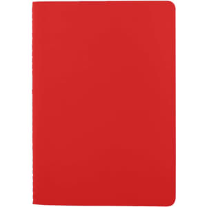 A red washable paper notebook with a smooth surface and rounded corners, featuring a logo on the front.