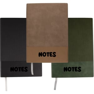 A notebook set featuring three A5 notebooks in black, brown, and green, each with a textured cover and a logo.