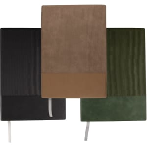 A set of three A5 notebooks in black, olive green, and tan, featuring textured covers and ribbon bookmarks.