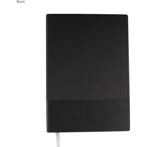 A black A5 notebook with a textured cover and a smooth bottom section. Contains a logo on the front.