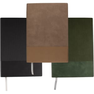 A set of three notebooks in black, brown, and green, featuring textured covers and ribbon bookmarks. Each has a logo.