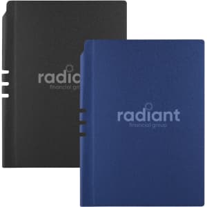 A Malaga Notebook in black and navy blue, featuring a logo on the front cover and a slip design.