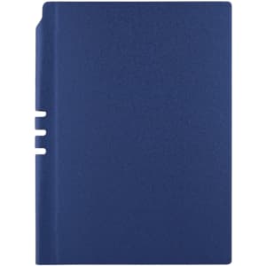 A navy blue Malaga Notebook featuring a smooth surface and a side notch, with a logo on the cover.