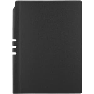A black Malaga Notebook with a textured cover and a logo on the front.