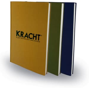 A set of three A5 notebooks featuring yellow, green, and navy covers, each with a logo on the front.