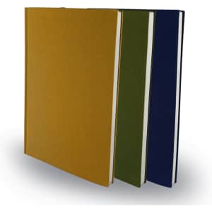 Three B5 Santiago Notebooks in mustard yellow, olive green, and navy blue, featuring a plain fabric cover and white pages.