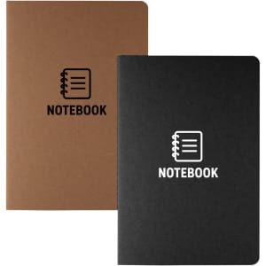 Two notebooks in brown and black, each featuring a logo and the word "NOTEBOOK" on the front cover.